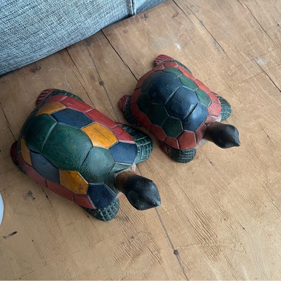 Hand Carved Wooden Turtle Figurine Wood Art Sculpture Vintage set of 2 - Picture 3 of 6
